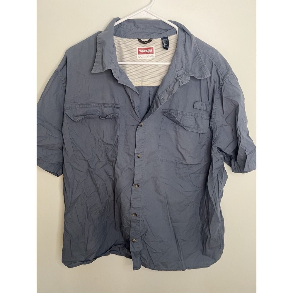 Wrangler Men's 2XL Blue 100% Cotton Fishing Vented Shirt Short Sleeve Button Up